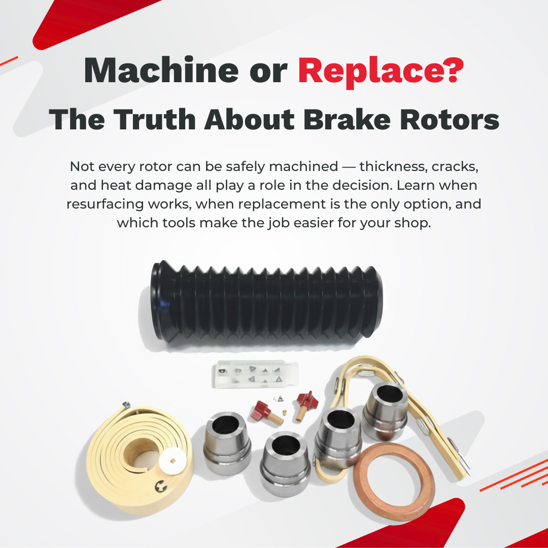 Brake rotors don’t last forever, but should you machine them or replace them? This guide breaks down when resurfacing is still safe, when replacement is the only option, and the brake lathe tools every shop needs to make the right call.