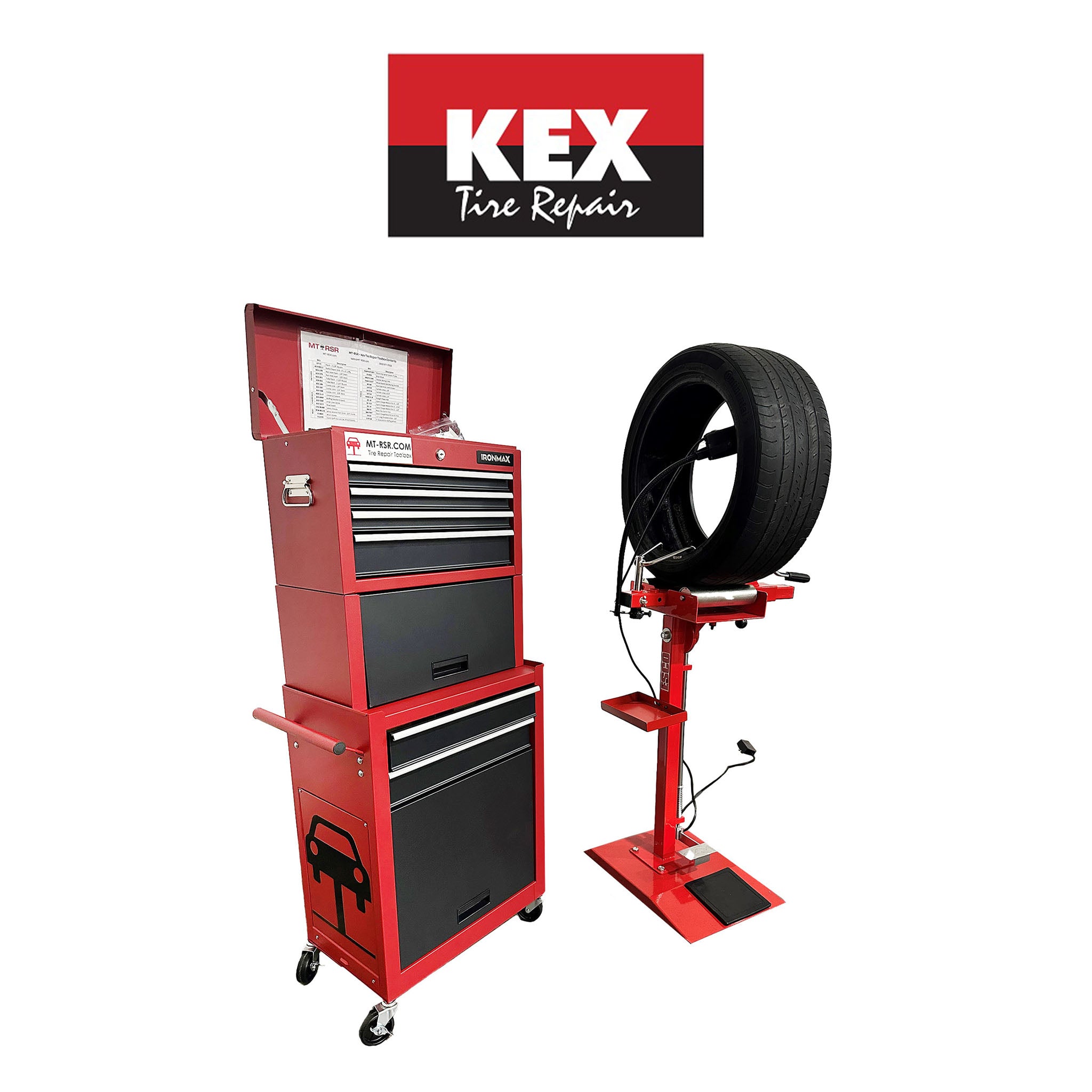 "MT-RSR - Kex - Tire Repair Toolbox, w/ Worklight, Tire Spreader, Milwaukee Buffer Kit Imagine a tire repair solution that's not only efficient but also fits seamlessly into any shop environment. Our new tire repair toolbox boasts a slim, compact design, ensuring it fits easily into your shop. This simplifies deployment in any location, enabling you to establish a tire repair station anywhere in your shop or territory with ease. Contains all needed tools, and Kex patches, plugs, and chemicals. "