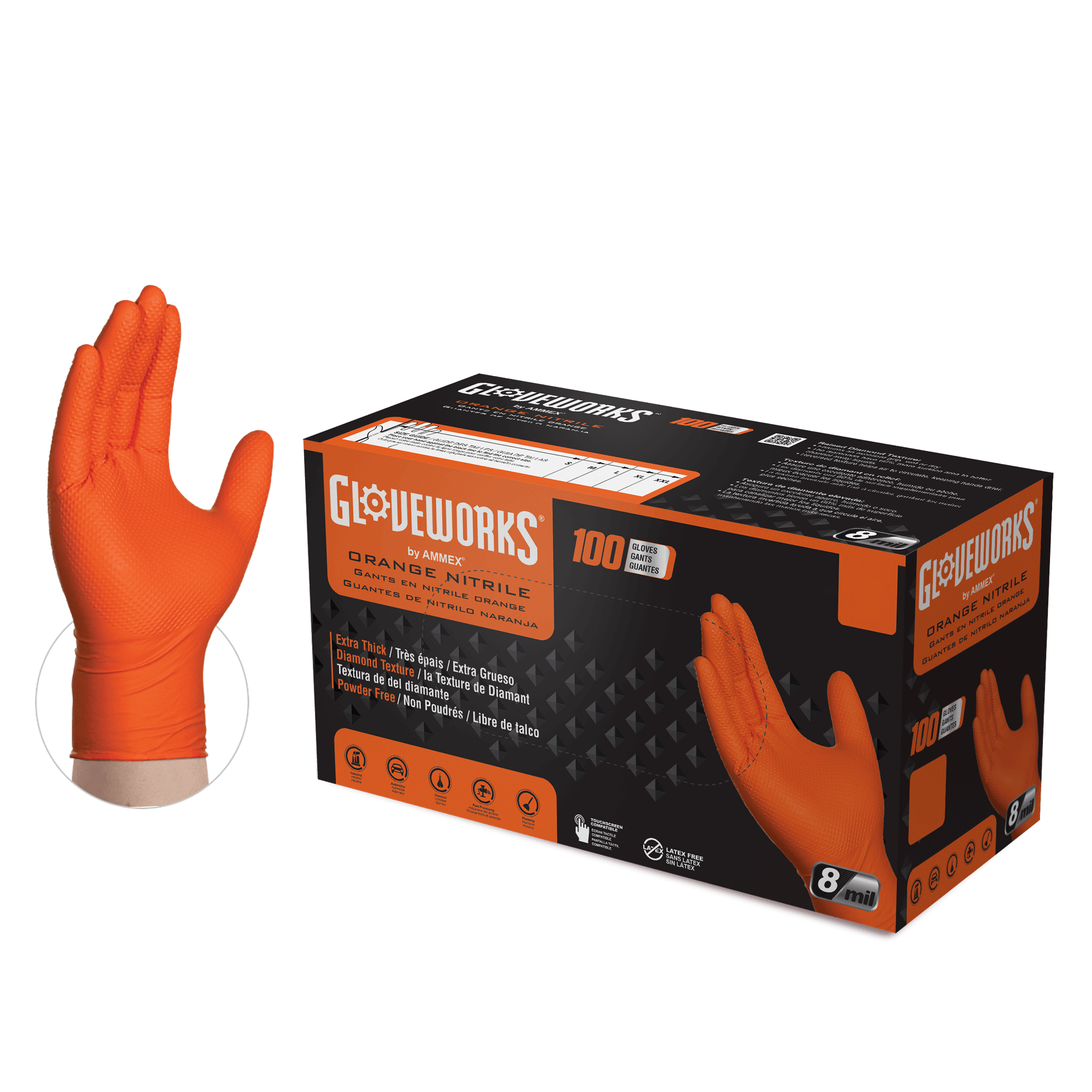 8mil Nitrile Gloves w/ Diamond Texture - Orange - Medium