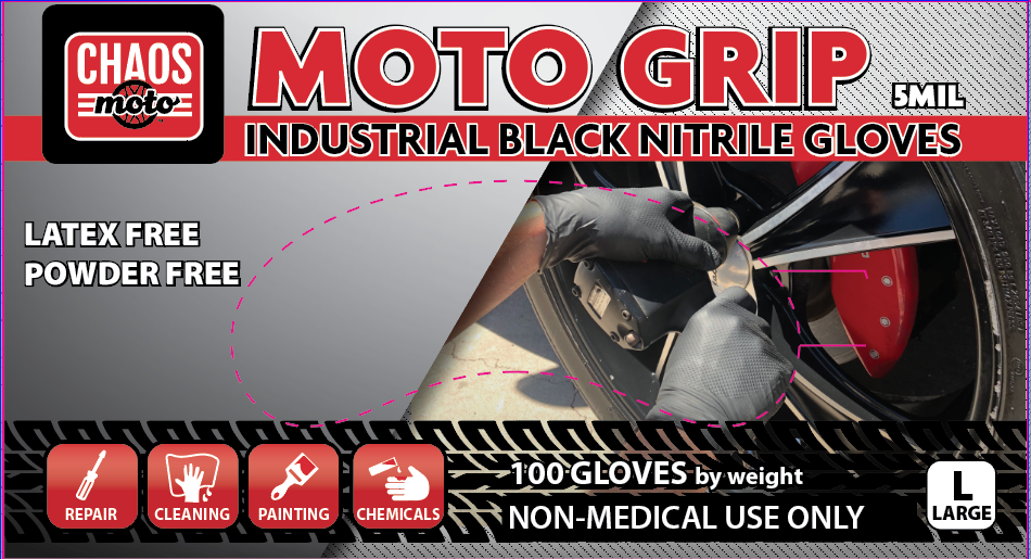 Chaos Moto Black Nitrile Gloves, 5mil, P/F, 100/bx, Size Large
