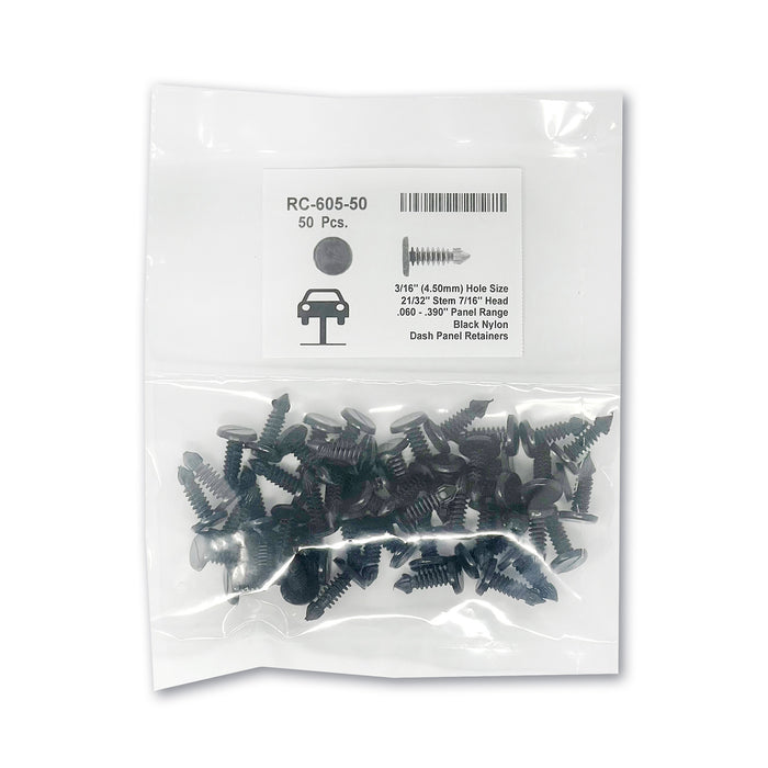 Black Nylon Dash Panel Ret - 3/16" Hole  7/16" Head (50pk)