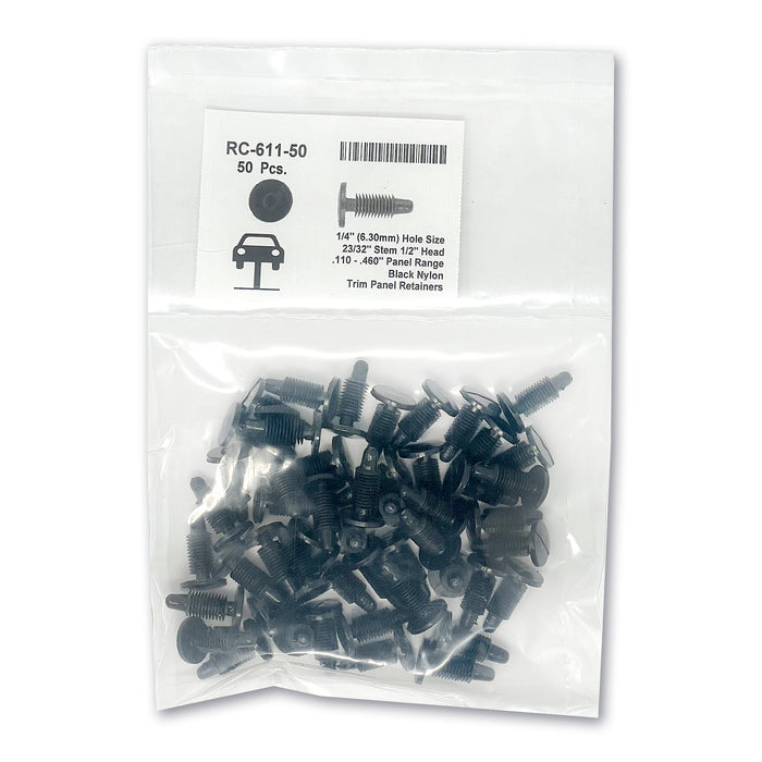 Black Nylon Trim Panel Ret - 1/4" Hole 1/2" Hd 23/32" Stem (50pk)
