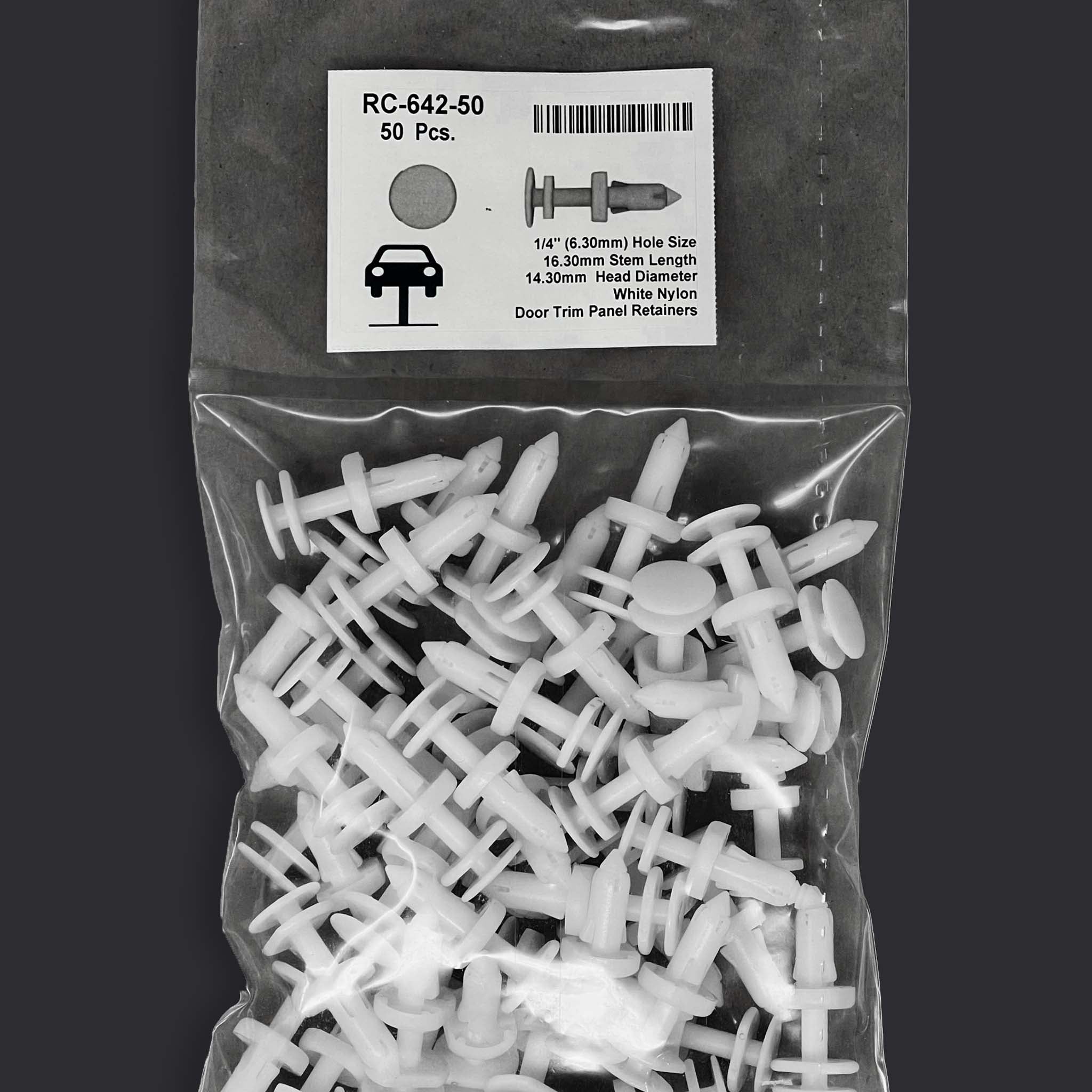 White Nylon Door Push Retainer Clip - 1/4" Hole Size 11/16" Stem Length (Pack of 50)