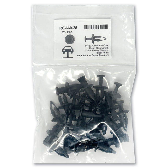 Black Nylon Front Bumper Ret - 9.5mm Hole 18mm Flng 23mm Stem (25pk)
