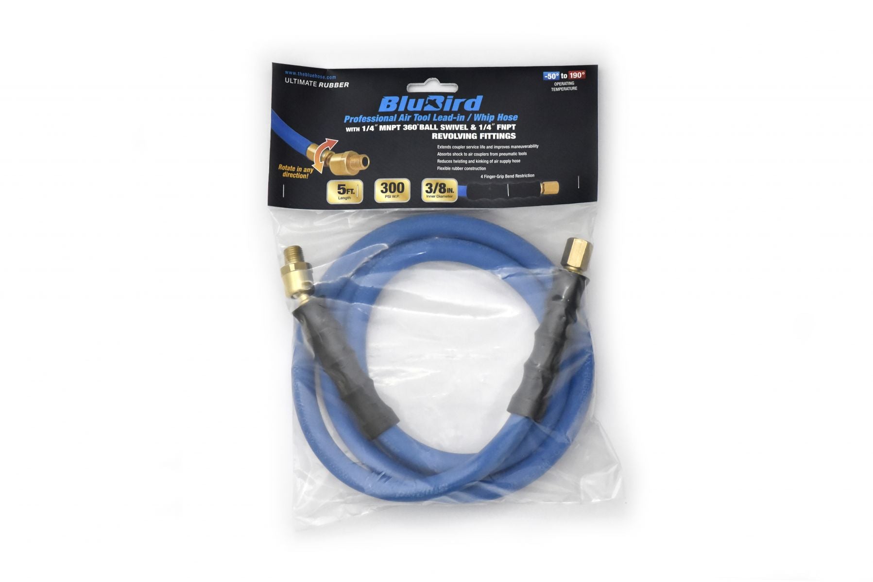 Blu-Bird Air Whip Hose - 1/4" MNPT Swivel x 1/4" FNPT Revolving - 5' Long