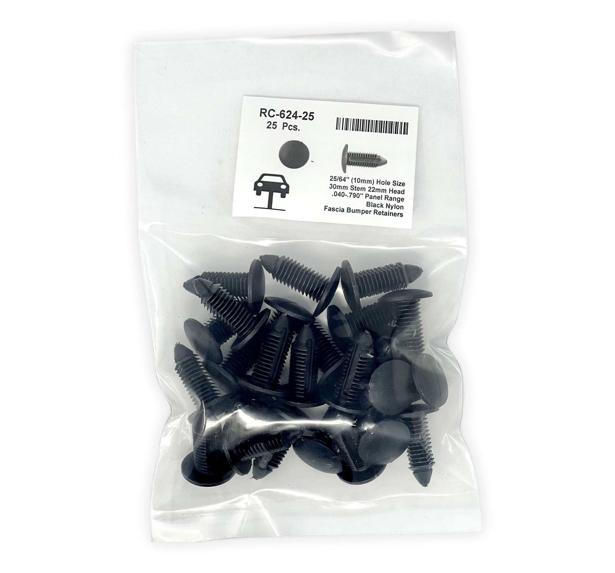 Black Universal Nylon Fascia Bumper Retainer Head Diameter 22mm, Stem Diameter 11mm, Stem Length 28mm Ford # N804379S, Pack of 25