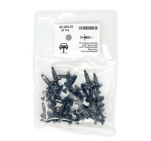 Black Nylon Push Type Retainer  Head Diameter 11/16", Stem Length 13/16",Fits Into 1/4" Hole Chrysler # 6501925 (Pack of 25)