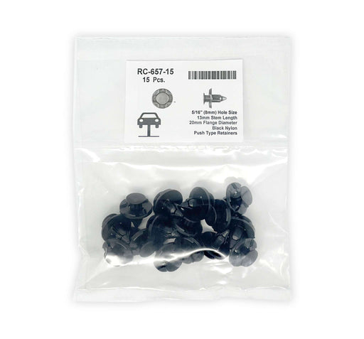 Black Nylon Push Type Retainer   8mm Hole Size 9mm Stem Length (Pack of 15)