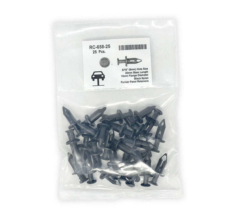 Black Nylon Rocker Panel Retainer Head Diameter 15mm, Stem Length 20mm, Fits Into 8mm Hole (Pack of 25)
