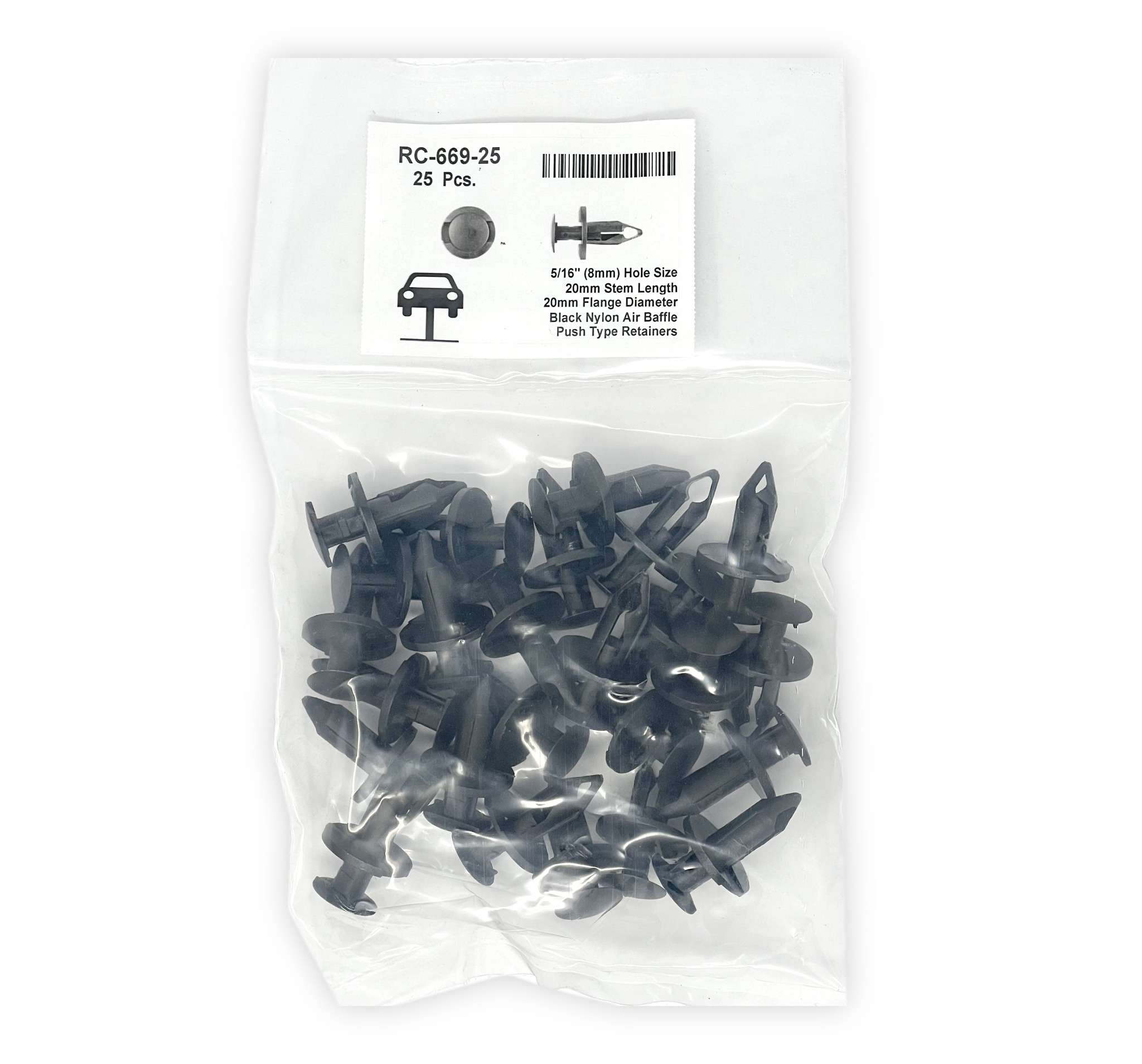 Black Nylon Push Type Retainer Head Diameter 20mm, Stem Length 20mm, Fits Into 8mm Hole (Pack of 25)