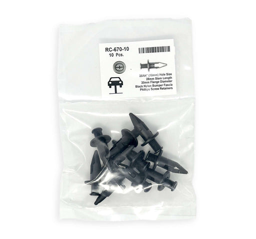 Black Nylon Bumper Fascia Retainer   10mm Hole Size 28mm Stem Length (Pack of 10)
