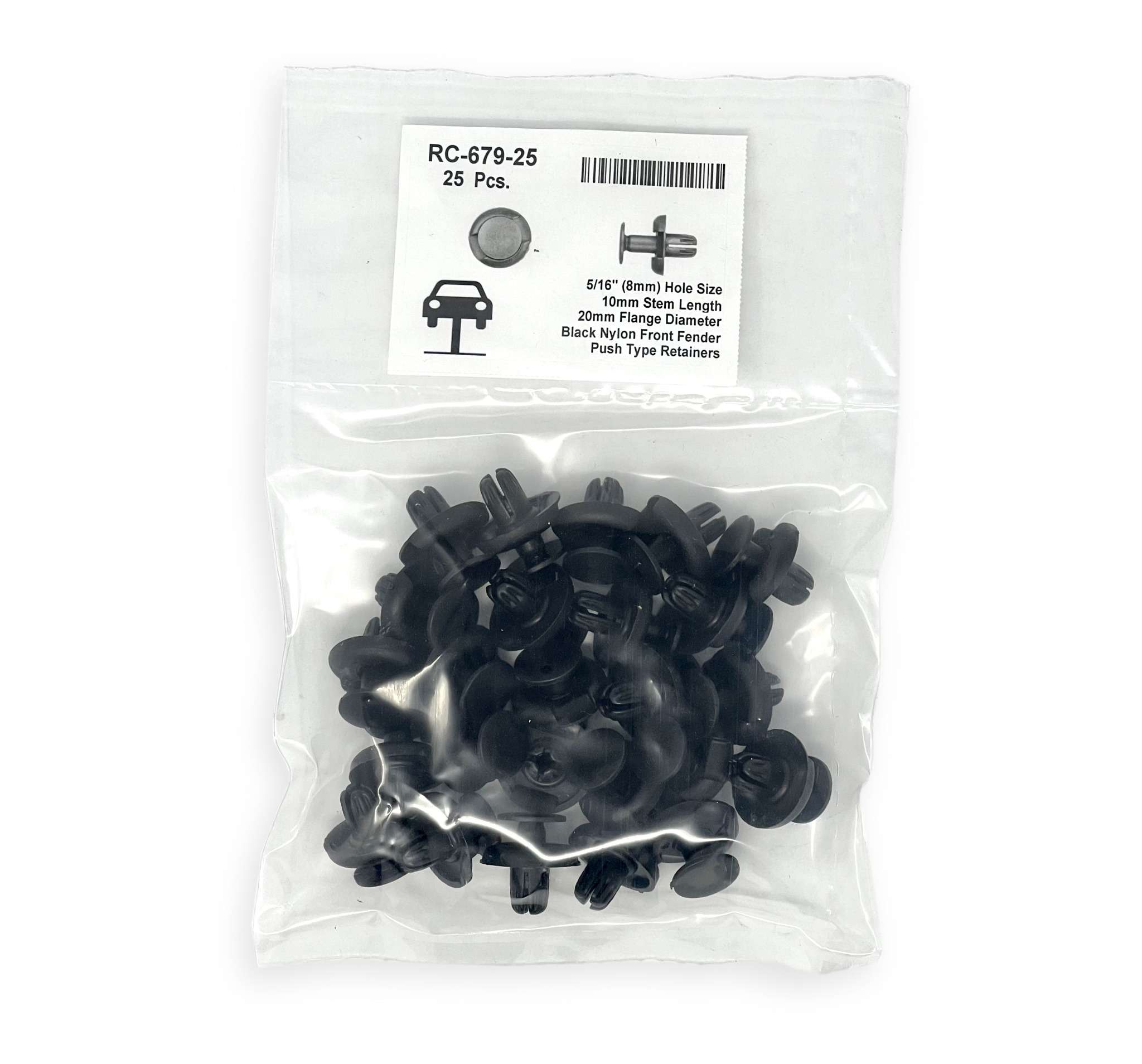Black Nylon Front Bumper Push Type Retainer Head Diameter 20mm, Stem Length 13mm, Fits Into 10mm Hole (Pack of 25)